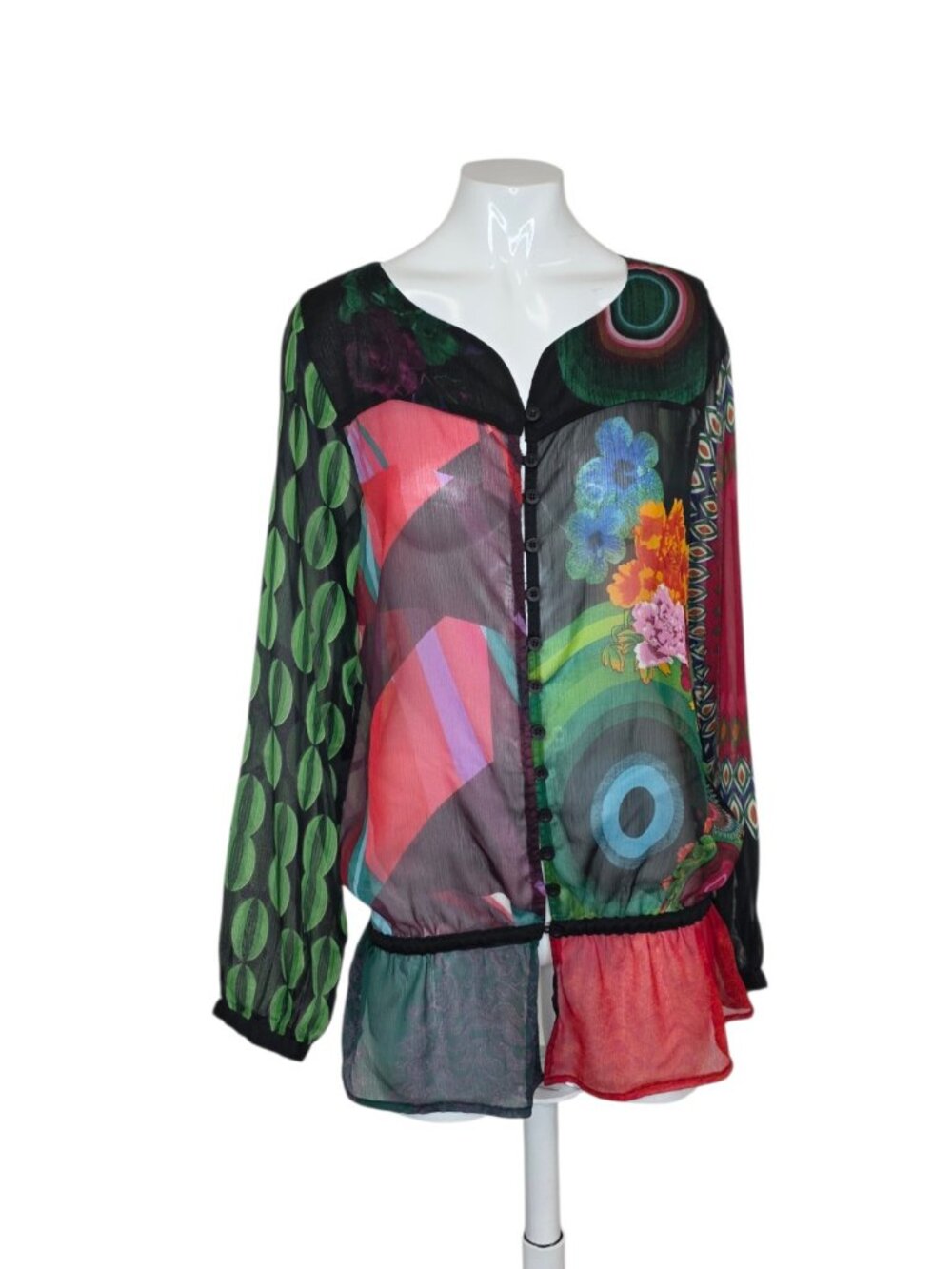 Desigual Sheer Long Sleeve Art Print Blouse, Floral, Button Up, Size Small